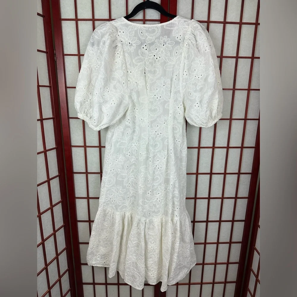 Zara White Eyelet Puff Sleeve Midi Dress Cottagecore Spring Capsule Chic - Picture 3 of 7